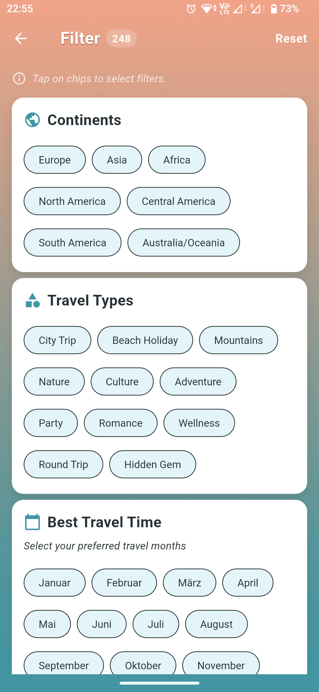 App Screenshot - Filter destinations
